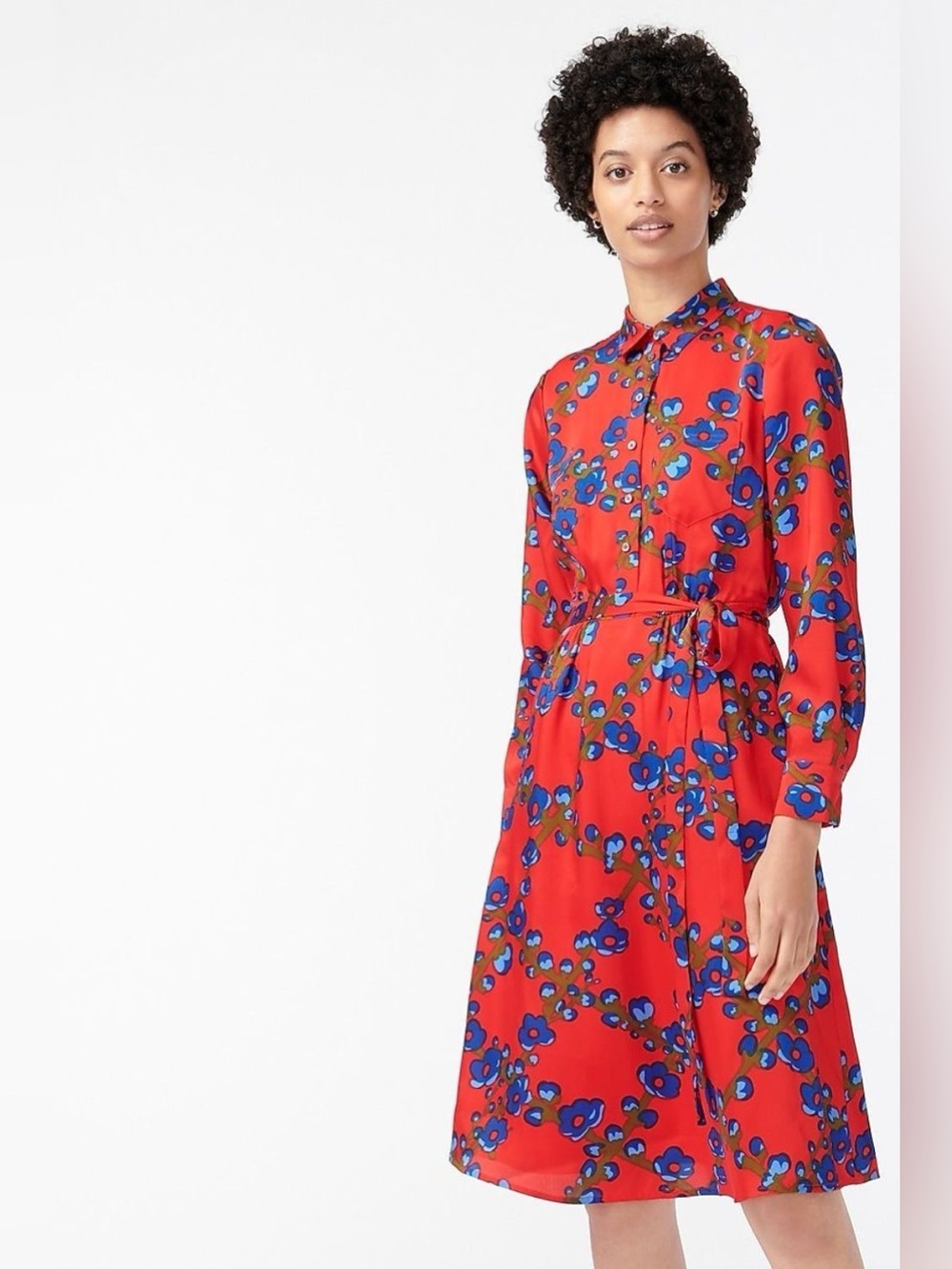 J. Crew Red Floral Long Sleeve Shirt Dress